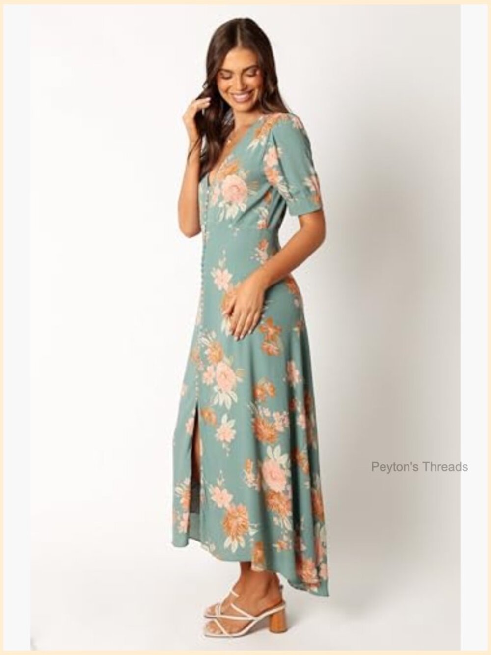 Midi A-Line Dress with V-Neck, Short Sleeves, Front Buttons, Side Split - Picture 3 of 7